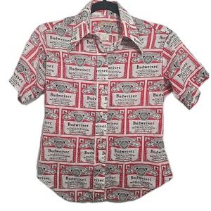 Vintage 60s 70s Budweiser All Over Print Button Up‎ Shirt Size 32 Small 38" P2p